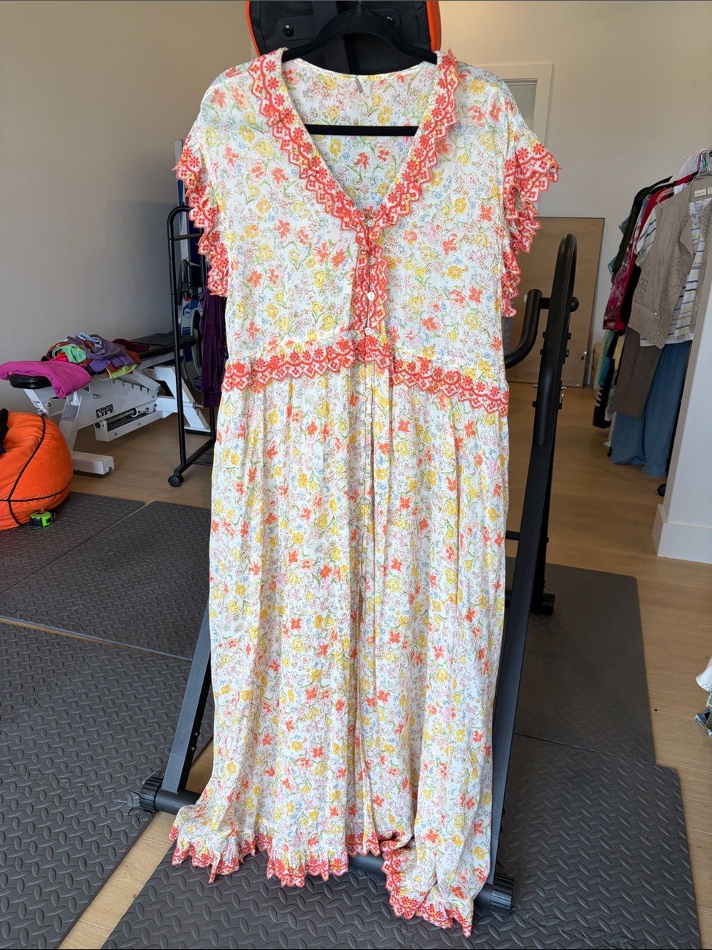 Free People Floral Maxi Dress with Coral Trim